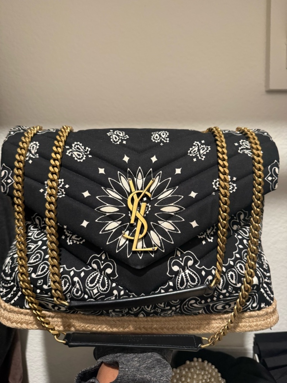 Saint Laurent Black Bandana Quilted Shoulder Bag with Gold YSL Chain